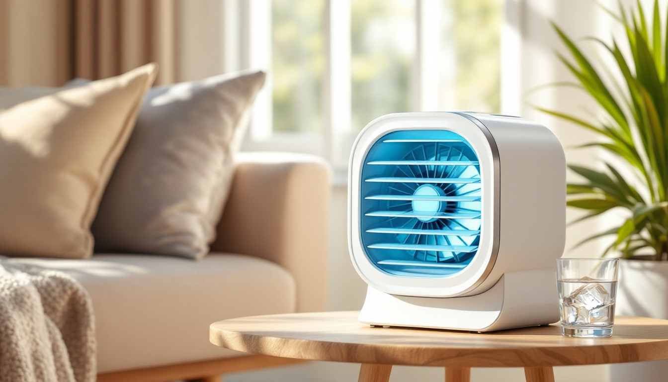 The FoxPolar personal cooler on a side table during a summer heatwave